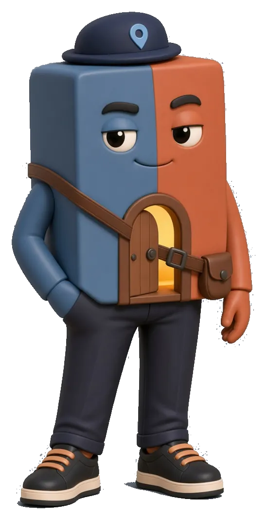 RoomWroom's scout: a blue-and-terracotta vinyl figure in a pin cap, one hand in a pocket, door lit.