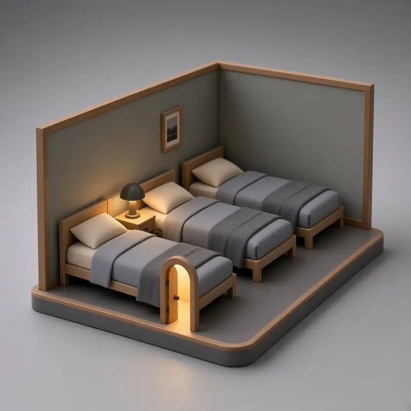 A miniature shared room: three beds, the nearest one lit, with a small glowing door.