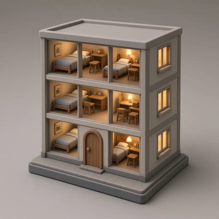 A miniature PG building with warm light in several windows and a door at street level.