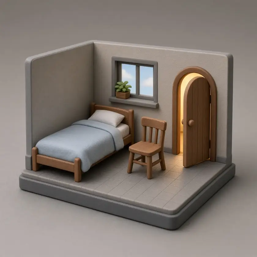 A miniature private room: one bed, one chair, and a door with the light on.