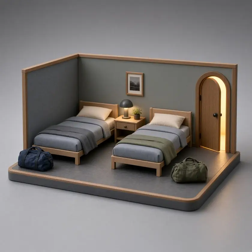 A miniature shared room: two beds, two bags, and a lit door.